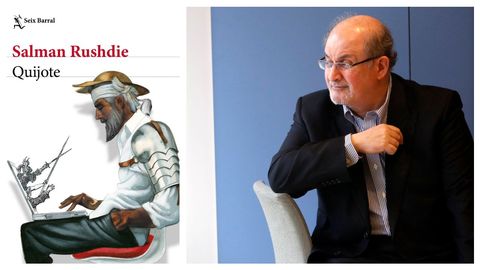 El escritor Salman Rushdie, retratado por Benito Ordez, durante una de sus ltimas visitas a Espaa. A la izquierda, portada de su ltima novela en la edicin en castellano del sello Seix Barral