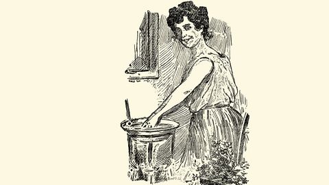 Una muchacha prepara la t�pica agua de San Juan para la ma�ana del 24 de junio. �La matita de salvia, el pie de romero, la malva camuesa, la yerba buena, la reina Luisa, el laurel. Todo cay� al filo de la hoz [...] y sus sanos perfumes invadieron en grat�sima oleada el ambiente�, dec�a el pie de la ilustraci�n.