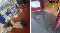 Los cubos para las goteras y las fregonas para achicar el agua son frecuentes en pabellones como el de As Lagoas, desde junio