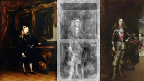 A la izquierda, el �leo del museo asturiano, Carlos II a los diez a�os. A la derecha el retrato del rey en el Museo del Prado, ambos de Carre�o de Miranda. En el centro, la radiograf�a del segundo, que muestra una imagen original muy parecida a la del primero.