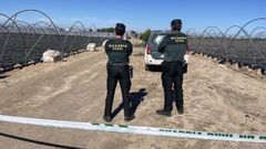 Agentes de la Guardia Civil en la finca donde trabajaba la mujer asesinada en Moguer por su expareja