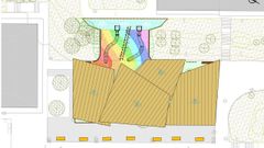 Diseo que tendr el parque infantil del Ventorrillo, con las cuatro cubiertas y dos toboganes sobre el talud