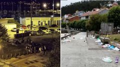 En la imagen de la izquierda, grupos de j�venes haciendo botell�n en el entorno de la playa de O Castelo. En la derecha, estado en el que queda la calle tras la noche