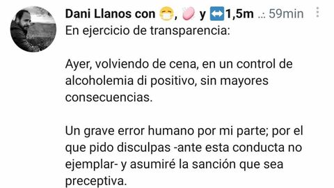 Publicaci�n en Twitter del concejal Daniel Llanos en el que informa del positivo en el control de alcoholemia.
