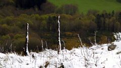 Contraste entre el verde primaveral de los prados de las zonas bajas con la nieve que cay� este viernes en la monta�a de O Faro
