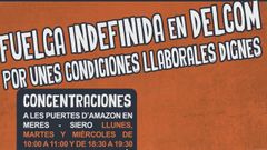 Cartel de la huelga convocada por los trabajadores de Delcom frente a las pueras del centro de trabajo de Amazon en Meres, Siero