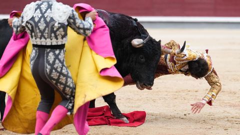 Roca Rey en el momento de ser alcanzado por el toro en la plaza de Las Ventas