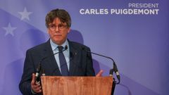 El expresidente catal�n Carles Puigdemont durante una conferencia en Bruselas.
