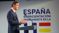 El presidente en funciones del Gobierno, Pedro S�nchez, en una rueda de prensa en el Consejo Europeo.