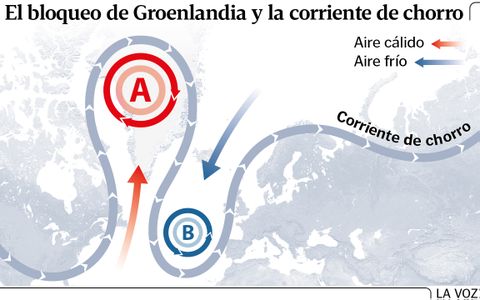 El mi�rcoles el meandro ascendente propiciar� un anticicl�n en Groenlandia mientras el descendente dirigir� la borrasca�hacia�el noroeste de Galicia
