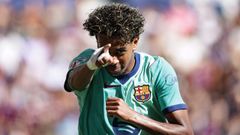 Lamine Yamal celebra uno de los dos goles que anot� ante el Levante.