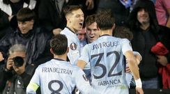Swedberg, en la celebracion del gol de Bryan Zaragoza para el Celta ante el Bolonia.