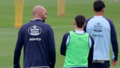 Claudio Gir�ldez y Carles P�rez, en un entrenamiento del Celta este verano.