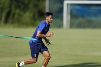 Javi Muñoz durante un entrenamiento del Real Oviedo