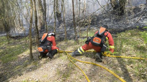 Miembros de la UME trabajan en la extincin del incendio en Las Regueras