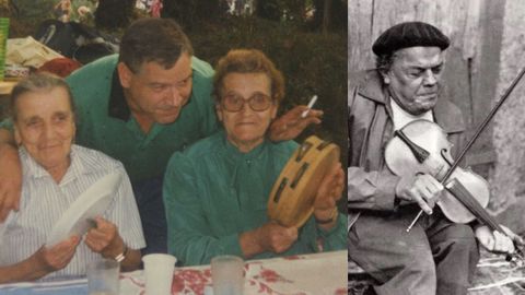 Adolfina e Rosa, amosando as sas habelencias cantoras nunha romara familiar en Vila de Cruces, en torno a 1990 (entre elas, Rafael, fillo de Rosa), nunha imaxe cedida pola familia.  dereita, Florencio Lpez, o Cego dos Vilares, tocando o seu violn. Os tres encarnan a candidatura da poesa popular.