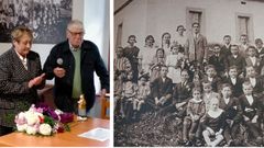 A la izquierda, el hijo del maestro asesinado se emociona en el homenaje junto a su esposa; a la derecha el maestro Rafael Fernndez Casas con sus alumnos en Ortigueira