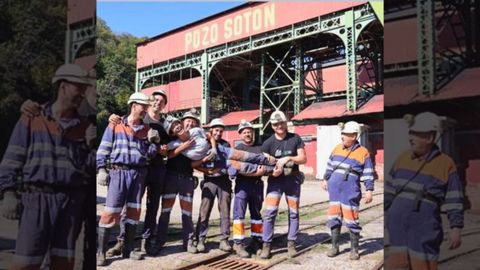 La tertuliana Tamara Gorro junto a guas mineros de Pozo Sotn, en San Martn del Rey Aurelio, Asturias.