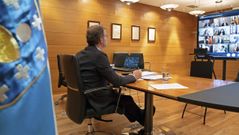 El presidente de la Xunta, Alberto Nez Feijoo, durante la videoconferencia con el presidente del Gobierno, Pedro Snchez