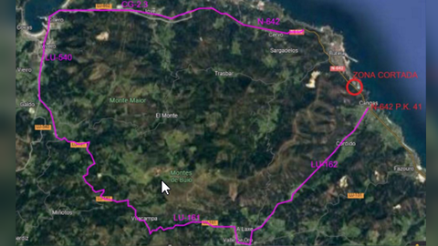 Detalle del trayecto alternativo recomendado por el Ministerio de Transportes, Movilidad y Agenda Urbana para desplazarse actualmente de Foz a Burela debido al corte de la N-642