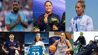 Premios del Deporte La Voz de Galicia. De izquierda a derecha y de arriba a abajo, los premiados Borja Iglesias, futbolista del Celta, y Melania Rodr�guez, campeona del mundo de gimnasia en trampol�n, (mejores deportistas); Teresa Portela, pirag�ista campeona del mundo, europea y subcampeona ol�mpica (mejor trayectoria); Dro Fern�ndez, futbolista del PSG, (deportista revelaci�n); Cris Mart�nez, capitana del D�por Abanca (mejor iniciativa); Blanca Mill�n, capitana del Baxi Ferrol (mejor equipo); y Pedro y Mario (en la silla), de Empujando Sonrisas (premio a la superaci�n).
