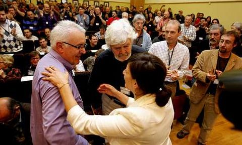 Cayo Lara, Yolanda D�az y Beiras, quien ayer asisti� como invitado a la asamblea de EU.