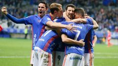 Gol Saul Berjon Real Oviedo Almeria Carlos Tartiere.Los futbolistas azules celebran el gol de Saul Berjon ante el Almeria