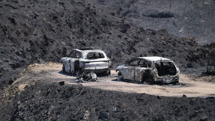 Coches calcinados en el incendio forestal de Los Gallardos, en Almer&iacute;a.