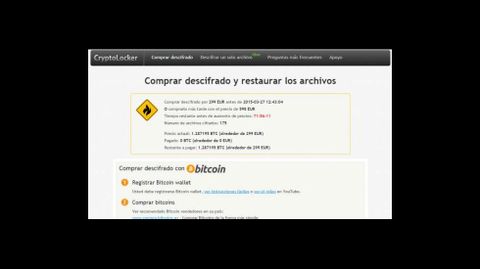 Captura de pantalla de un virus de ransomware que exige pago en bitcoins