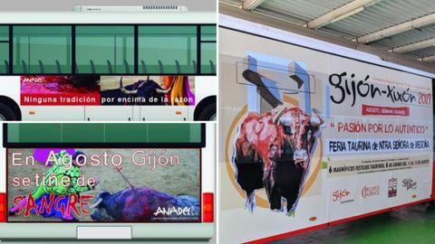 A la izquierda, arriba y abajo, la campaa que Anadel haba realizado para los autobuses urbanos de Gijn. A la derecha, la campaa que anuncia la Feria de Begoa en los buses pblicos.