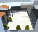 Recreaci�n virtual de la plaza, con acceso peatonal desde la calle Col�n, por la derecha. En la otra imagen, el solar previsto para las obras desde la V�zquez de Parga. 