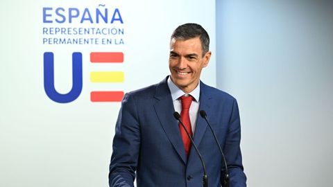 El presidente del Gobierno, Pedro Sánchez, en rueda de prensa en Bruselas este jueves.