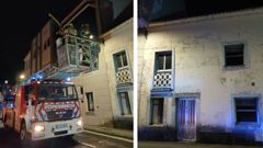 Los bomberos del parque de As Pontes utilizaron el veh�culo escalera para retirar la chimenea rota del tejado de esta vivienda de Ares, el jueves a �ltima hora de la tarde