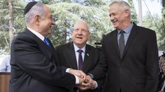 Netanyahu, el presidente Rivlin y Gantz ,en un acto en honor de Sim�n Peres el pasado septiembre