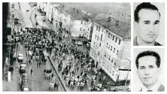 La famosa manifestaci�n del 10 de marzo de 1972, vista desde los pisos de Recimil en Ferrol; y a la derecha Daniel Niebla y Amador Rey, trabajadores asesinados ese d�a por la polic�a franquista. 