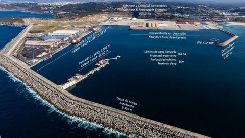 El puerto exterior de A Coru�a, con la recreaci�n al fondo de c�mo ser� la zona sur cuando est� urbanizada para destinarla a fabricar componentes de e�lica marina