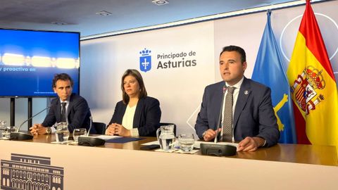 La vicepresidenta del Principado, Gimena Llamedo; el consejero portavoz del Gobierno, Guillermo Pelez (dcha.), y el director general de Estrategia Digital e Inteligencia Artificial, Javier Fernndez, han informado en rueda de prensa sobre los acuerdos adoptados por el Consejo de Gobierno.