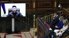 Volod�mir Zelenski, en un momento de su intervenci�n telem�tica en el Congreso de los Diputados