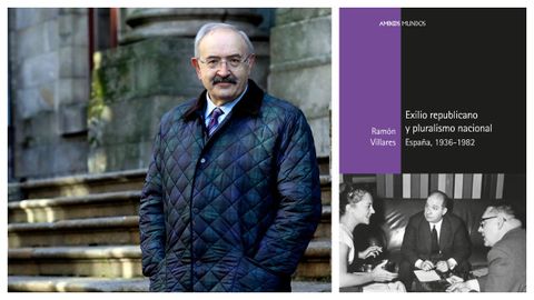 Ram�n Villares, ante la Facultade de Historia de la USC. A la derecha, portada de su nuevo libro
