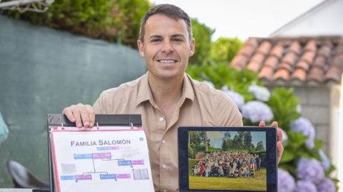 Fernando Abilleira, con el inicio del �rbol geneal�gico de la familia Salom�n y con la foto del encuentro familiar en Sanxenxo
