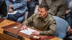 El presidente ucraniano, Volod�mir Zelenski, ayer, en el Consejo de Seguridad de la ONU.