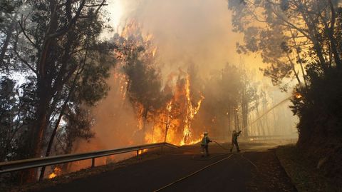 Los bomberos no pudieron impedir que las llamas cruzasen la carretera de Ferreira a Nogueira de Ramuín