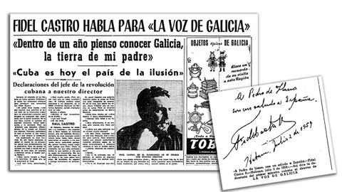 Un detalle de la p&aacute;gina completa que La Voz dedic&oacute; a reproducir la entrevista de Bocelo con Fidel Castro, en agosto de 1959, y la dedicatoria del jefe revolucionario