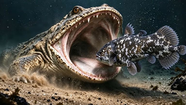 Reconstrucci�n de Gerrothorax maritimus cazando un celacanto en el fondo marino (ilustraci�n realizada con apoyo parcial de IA).