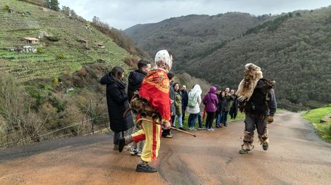 Personajes del Entroido Ribeirao junto a los vi�edos de V�a Romana