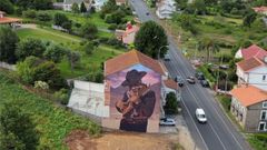 Detalle da obra finalista ao mellor mural do mundo Charanguista andino, que Cristbal Persona fixo en Fene.