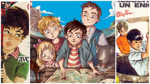 La nueva imagen de «Los Cinco» (en el centro, en la portada de «Los Cinco y el tesoro de la isla») es de Marina Vidal. A los lados, los tomos ilustrados por Correa en la editorial Juventud.  