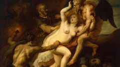 El Tiempo, en forma de anciano con alas, salva a la Verdad desnuda, mientras intentan taparla la Envidia (con el pelo que evoca serpientes) y la Estulticia; a los pies del Tiempo aparece desenmascarada la Hipocres�a. �La Verdad desvelada por el Tiempo� (1657), obra de Theodor van Thulden (1606-1669), un pintor flamenco que colabor� con Rubens. Museo del Hermitage, San Petersburgo