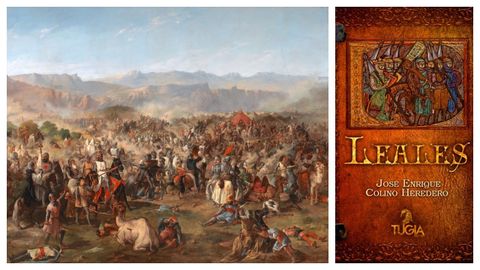 Detalle de la �Batalla de Las Navas de Tolosa� (1864), en un �leo de Van Halen. A la derecha, portada del libro de Colino.