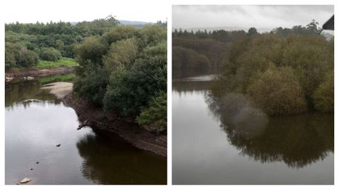La imagen de la derecha muestra el estado habitual del nivel del Tambre en la cola del embalse Barrié de la Maza, en Ponte de Ons, entre los concellos de Negreira y Brión, en los meses de invierno, mientras la de la izquierda, tomada ayer en el mismo punto, evidencia que el caudal del río baja de forma alarmante y que la isla del centro ya es visible en su totalidad.